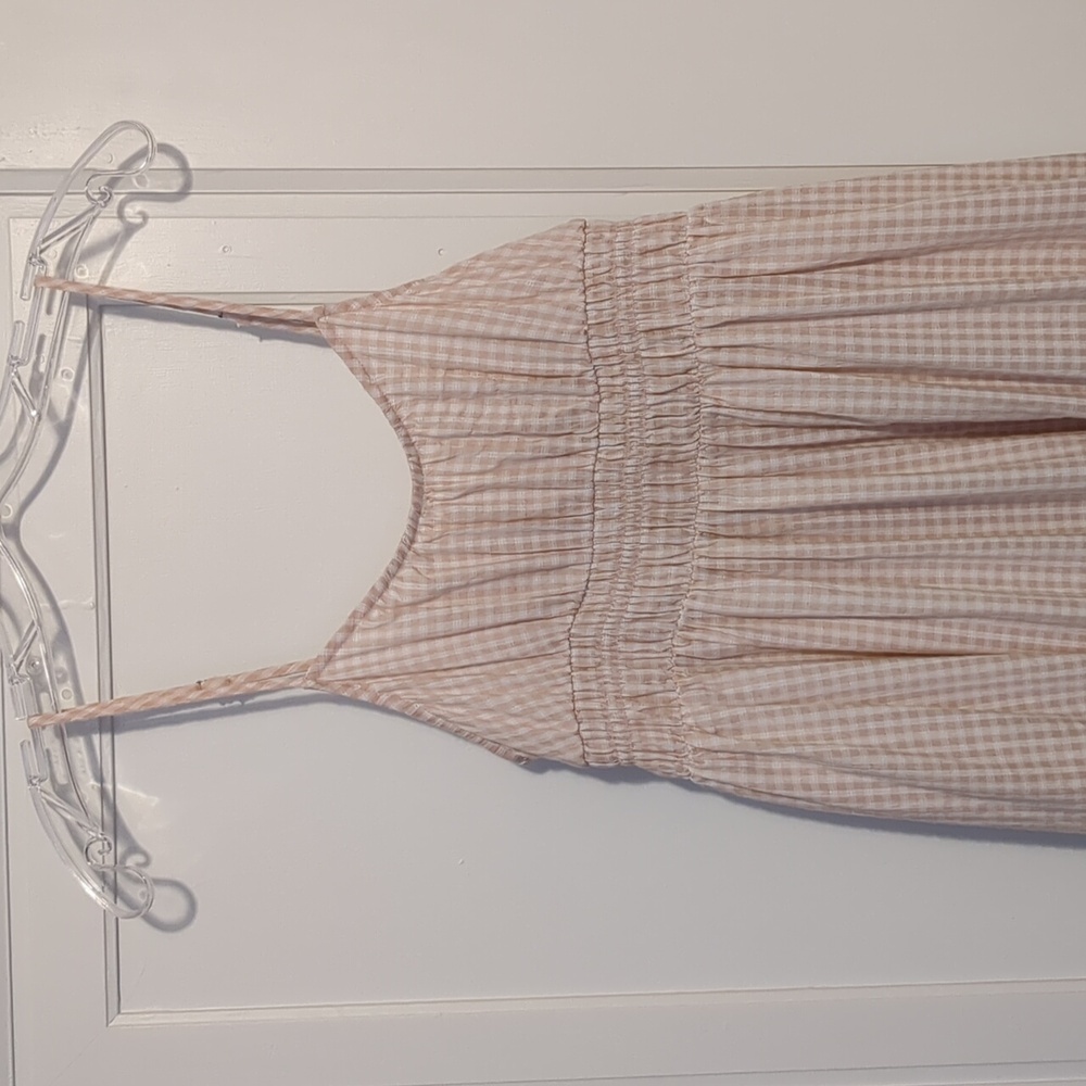 Pink Peach Light Gingham Sundress Empire Waist Pockets Spaghetti Straps Small